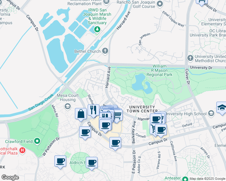 map of restaurants, bars, coffee shops, grocery stores, and more near in Irvine