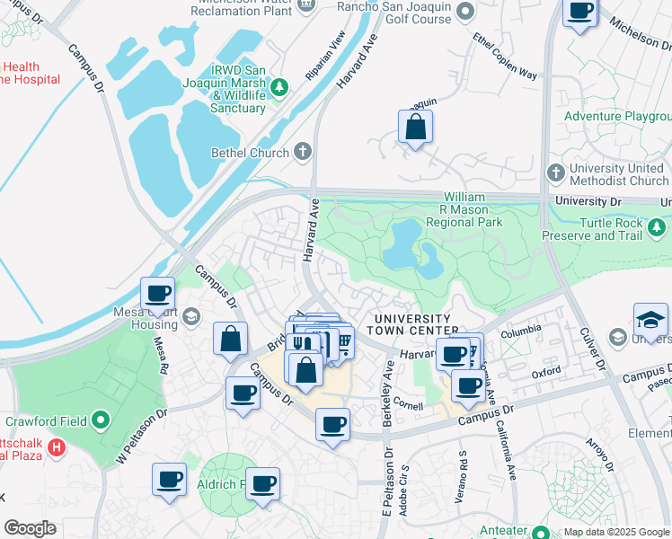 map of restaurants, bars, coffee shops, grocery stores, and more near 93 Lehigh Aisle in Irvine