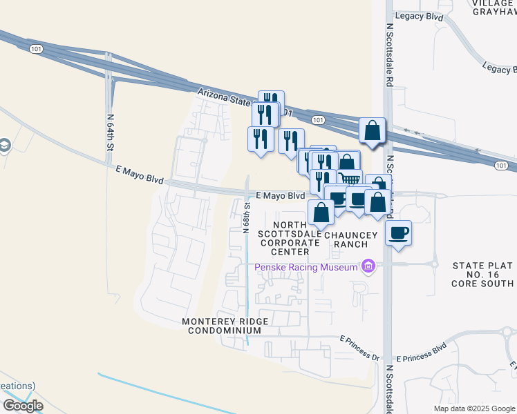 map of restaurants, bars, coffee shops, grocery stores, and more near 6811 E Mayo Blvd in Phoenix