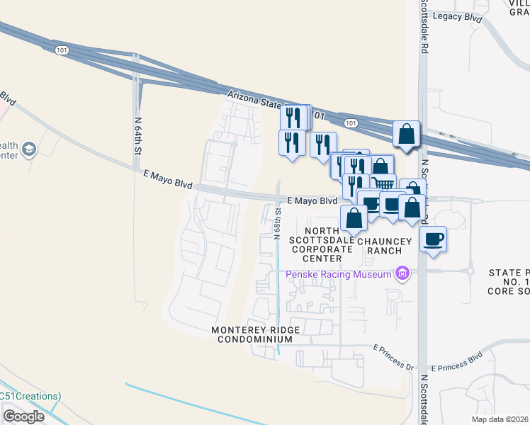 map of restaurants, bars, coffee shops, grocery stores, and more near North 68th Street in Phoenix