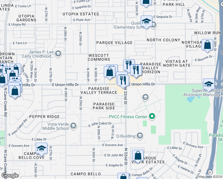 map of restaurants, bars, coffee shops, grocery stores, and more near 18350 North 32nd Street in Phoenix