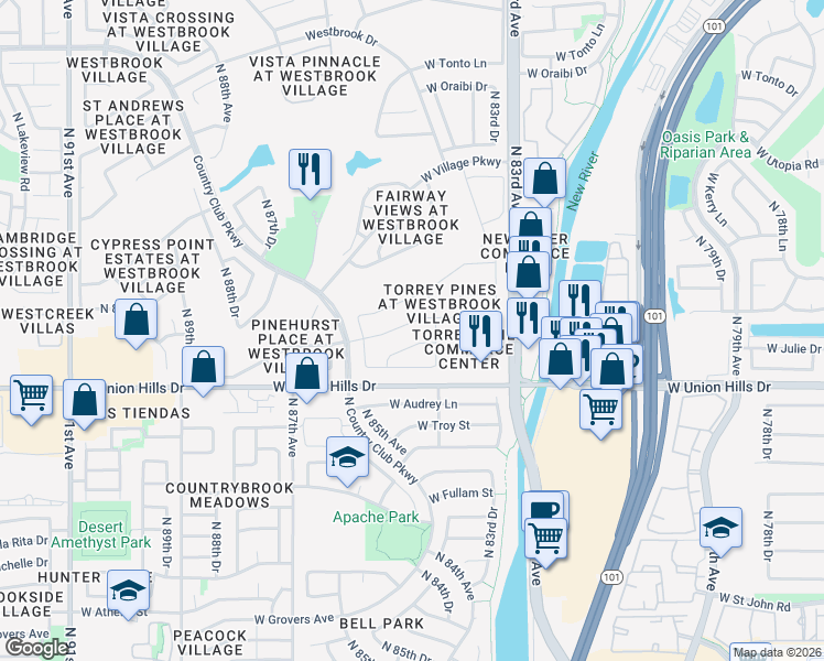 map of restaurants, bars, coffee shops, grocery stores, and more near 8462 West Rose Pilar Court in Peoria