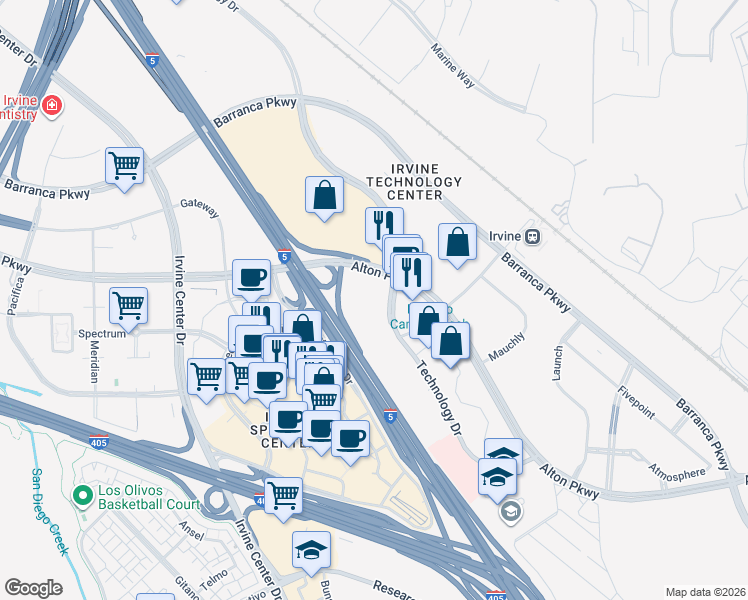 map of restaurants, bars, coffee shops, grocery stores, and more near 31 Technology Drive in Irvine