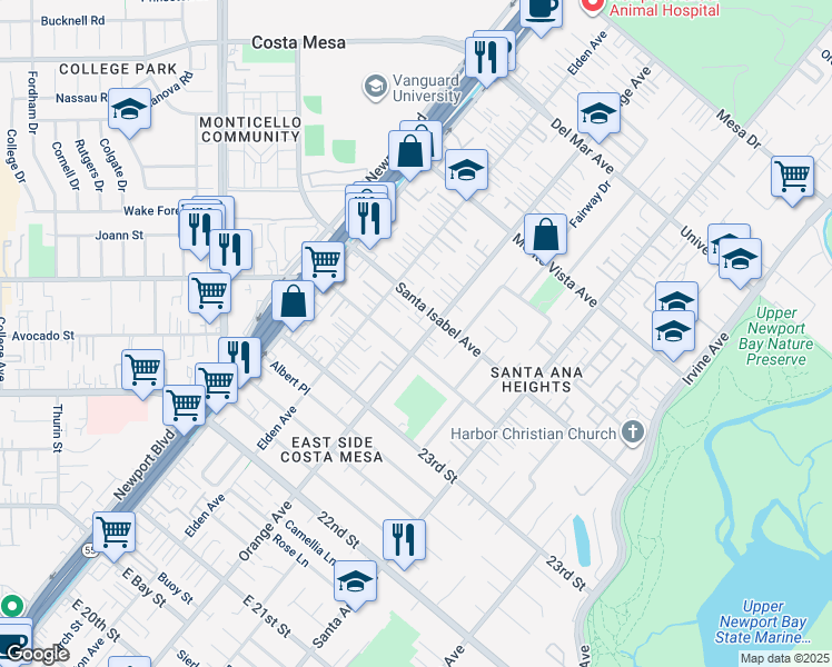 map of restaurants, bars, coffee shops, grocery stores, and more near 2360 Orange Avenue in Costa Mesa