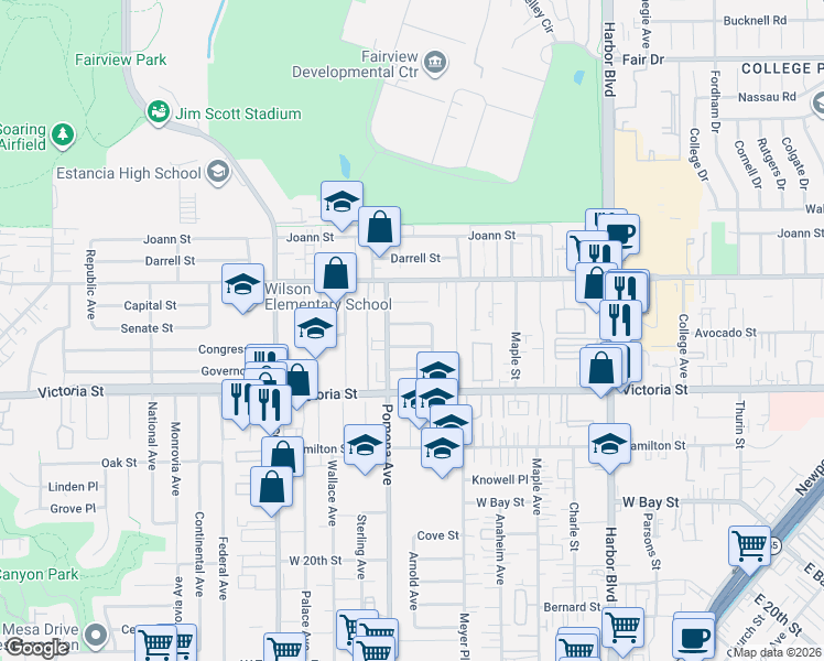 map of restaurants, bars, coffee shops, grocery stores, and more near 686 Congress Street in Costa Mesa