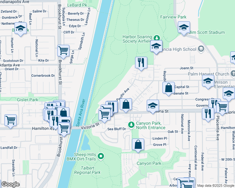 map of restaurants, bars, coffee shops, grocery stores, and more near 2191 Pacific Avenue in Costa Mesa