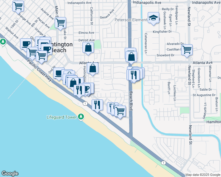 map of restaurants, bars, coffee shops, grocery stores, and more near 7806 Seabreeze Drive in Huntington Beach