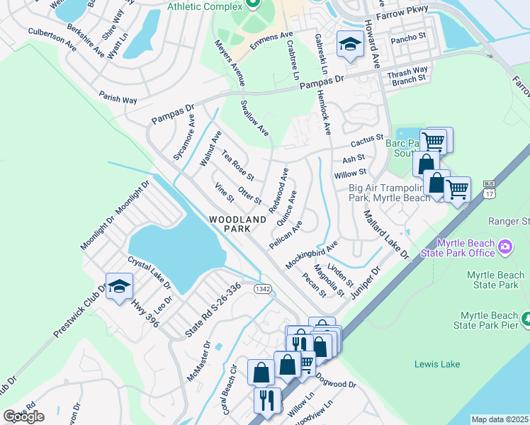map of restaurants, bars, coffee shops, grocery stores, and more near 535 Redwood Avenue in Myrtle Beach