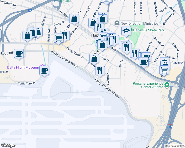 map of restaurants, bars, coffee shops, grocery stores, and more near 3648 South Fulton Avenue in Hapeville