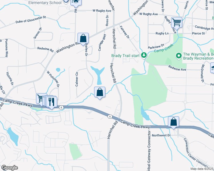 map of restaurants, bars, coffee shops, grocery stores, and more near 3679 Herschel Road in College Park