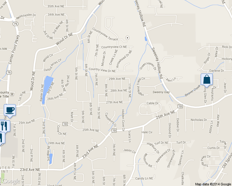 map of restaurants, bars, coffee shops, grocery stores, and more near 2704 10th Street Northeast in Center Point