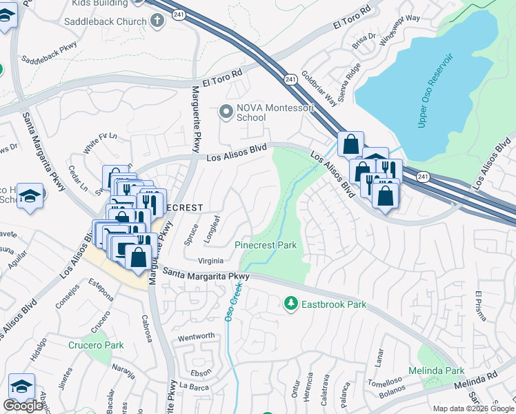 map of restaurants, bars, coffee shops, grocery stores, and more near 28222 Shore in Mission Viejo