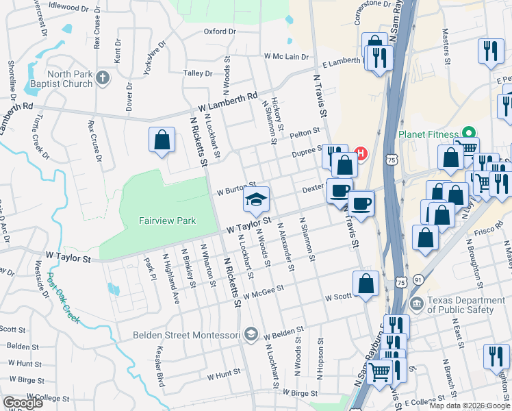 map of restaurants, bars, coffee shops, grocery stores, and more near 1909 North Woods Street in Sherman