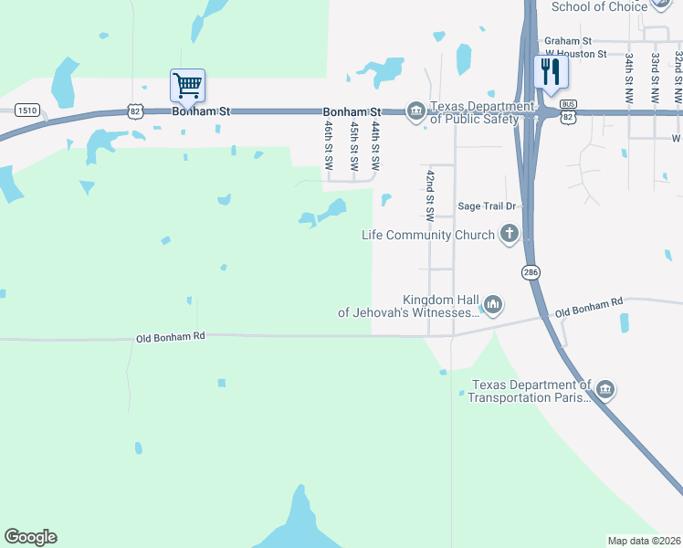 map of restaurants, bars, coffee shops, grocery stores, and more near 4804 County Road 22880 in Paris