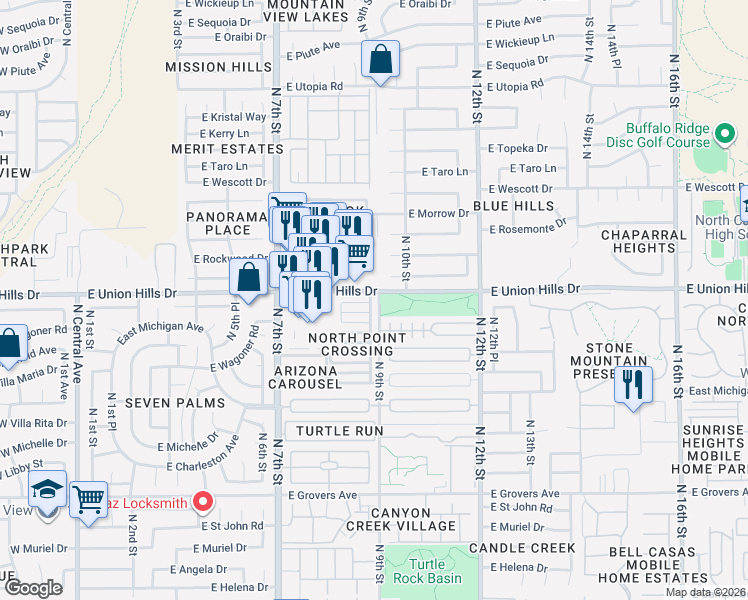 map of restaurants, bars, coffee shops, grocery stores, and more near 838 East Wagoner Road in Phoenix