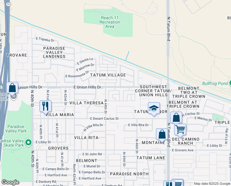 map of restaurants, bars, coffee shops, grocery stores, and more near 18415 North 45th Street in Phoenix