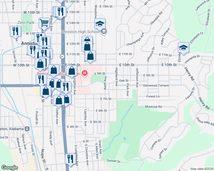 map of restaurants, bars, coffee shops, grocery stores, and more near 801 Keith Avenue in Anniston