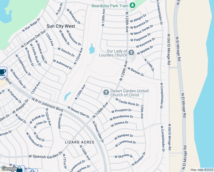 map of restaurants, bars, coffee shops, grocery stores, and more near 12831 West Shadow Hills Drive in Sun City West