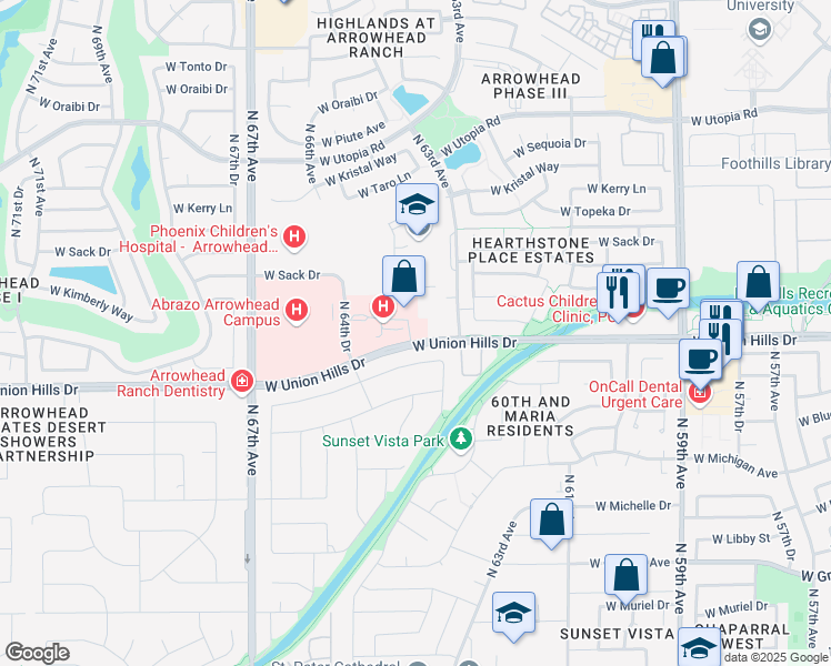 map of restaurants, bars, coffee shops, grocery stores, and more near 6316 West Union Hills Drive in Glendale