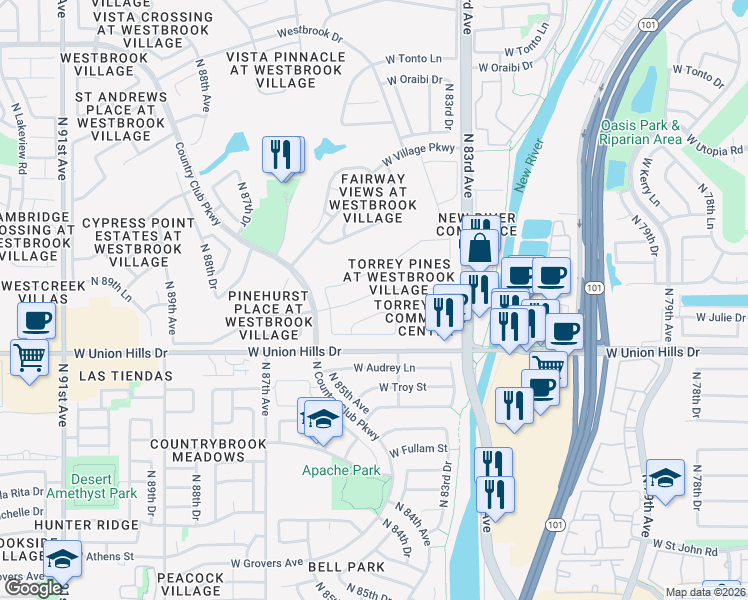 map of restaurants, bars, coffee shops, grocery stores, and more near 8462 West Rose Pilar Court in Peoria
