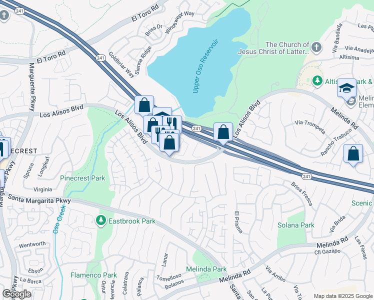 map of restaurants, bars, coffee shops, grocery stores, and more near 31 Sanctuary Lane in Mission Viejo
