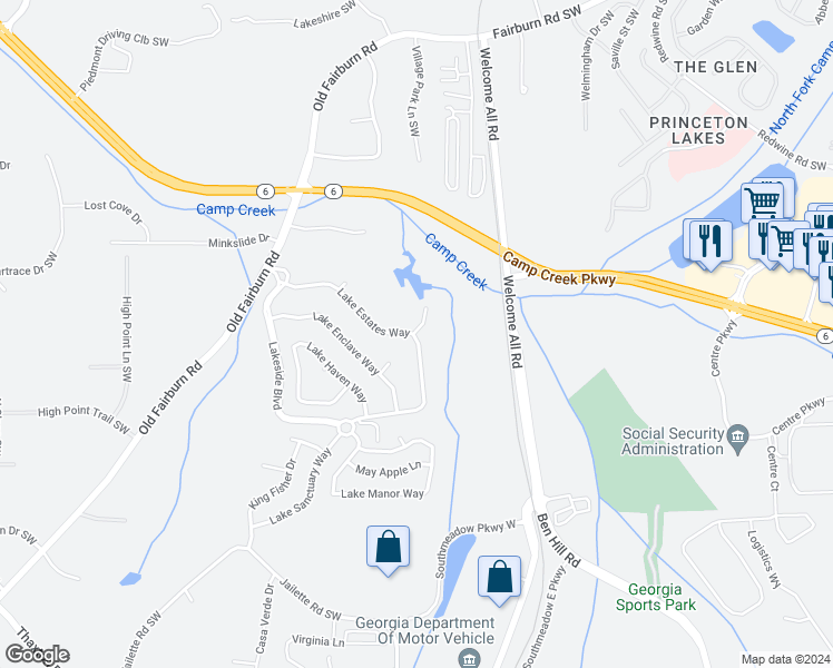 map of restaurants, bars, coffee shops, grocery stores, and more near 3641 Lake Estates Way in Atlanta