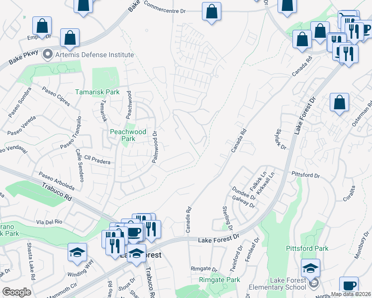 map of restaurants, bars, coffee shops, grocery stores, and more near 25665 Fallenwood in Lake Forest