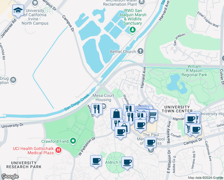 map of restaurants, bars, coffee shops, grocery stores, and more near 341 Stanford Court in Irvine