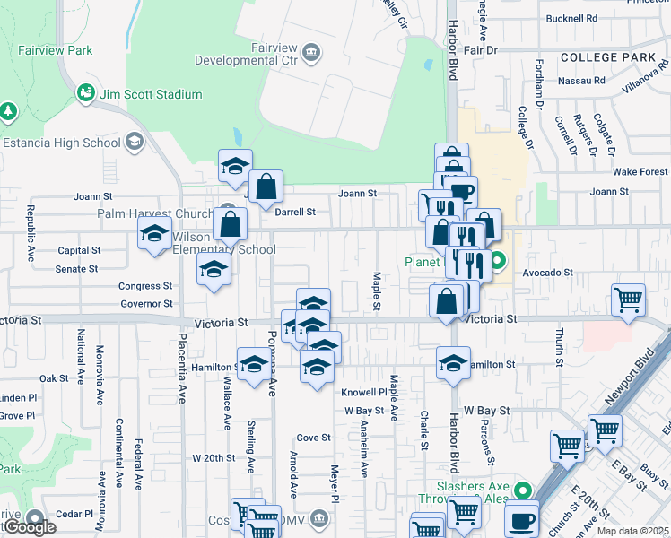 map of restaurants, bars, coffee shops, grocery stores, and more near 2208 Meyer Place in Costa Mesa