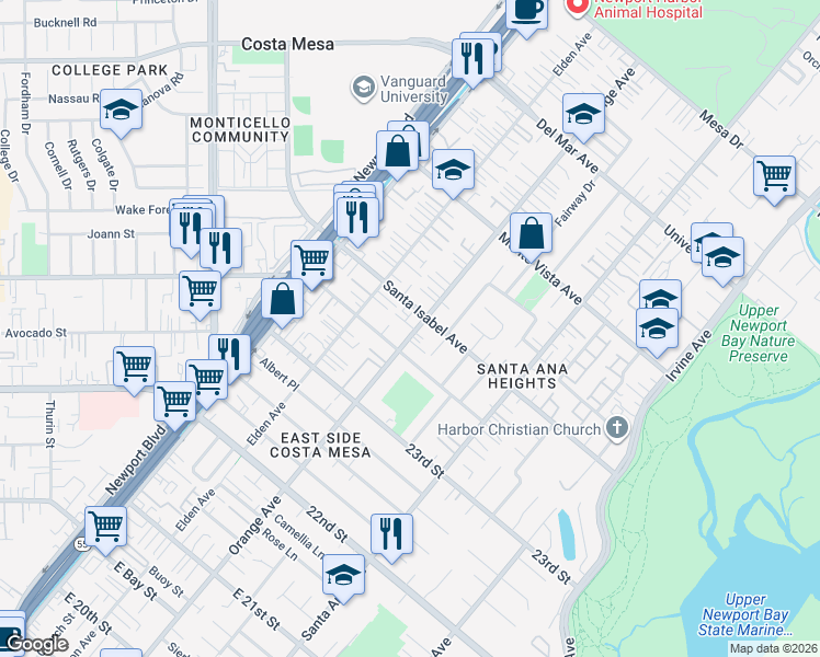 map of restaurants, bars, coffee shops, grocery stores, and more near 2360 Orange Avenue in Costa Mesa