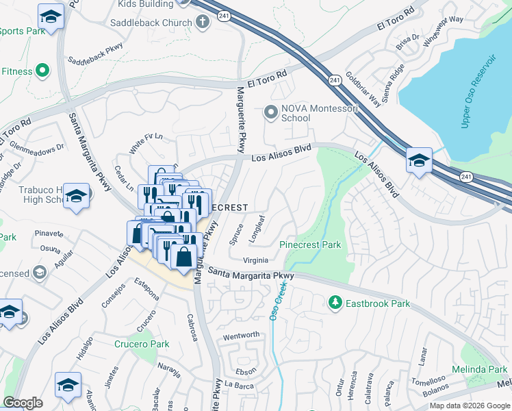 map of restaurants, bars, coffee shops, grocery stores, and more near 21202 Whitebark in Mission Viejo