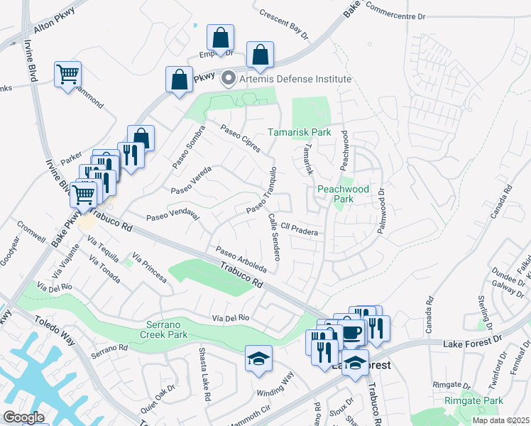map of restaurants, bars, coffee shops, grocery stores, and more near 21231 Calle Sendero in Lake Forest