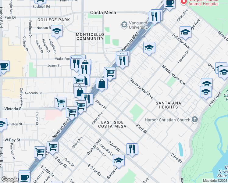 map of restaurants, bars, coffee shops, grocery stores, and more near 2323 Elden Avenue in Costa Mesa
