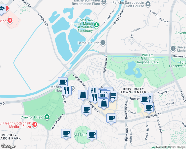 map of restaurants, bars, coffee shops, grocery stores, and more near 2 Stanford in Irvine