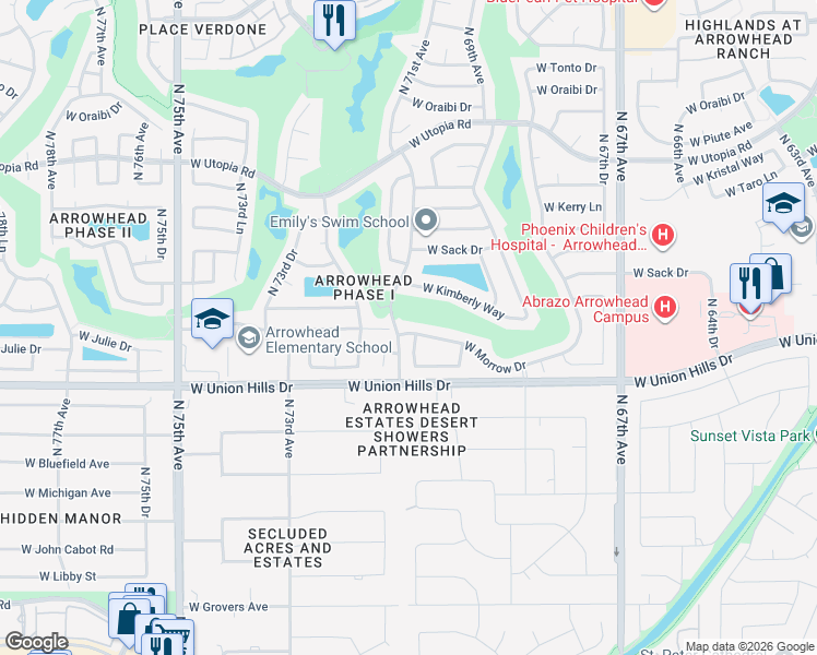 map of restaurants, bars, coffee shops, grocery stores, and more near 7102 West Julie Drive in Glendale