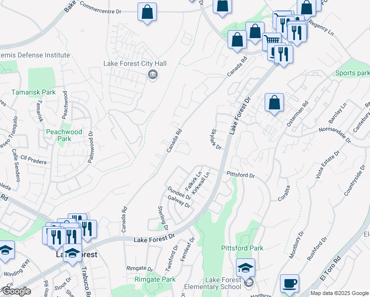 map of restaurants, bars, coffee shops, grocery stores, and more near 21142 Canada Road in Lake Forest