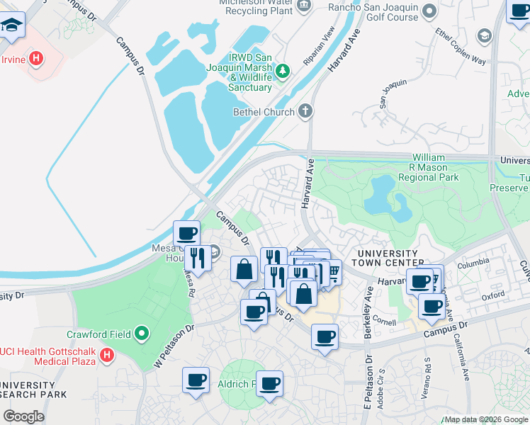 map of restaurants, bars, coffee shops, grocery stores, and more near 540 Stanford Court in Irvine
