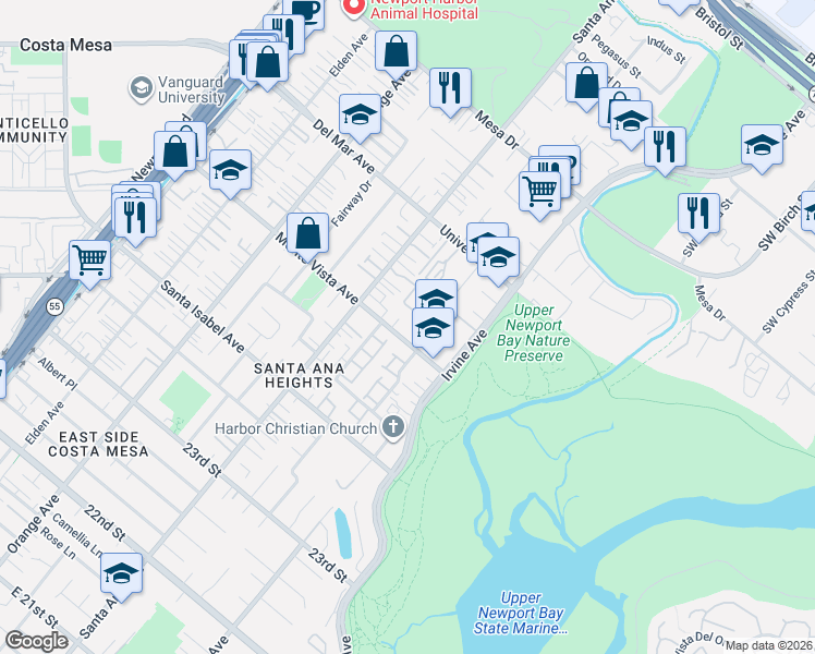 map of restaurants, bars, coffee shops, grocery stores, and more near 365 Monte Vista Avenue in Costa Mesa