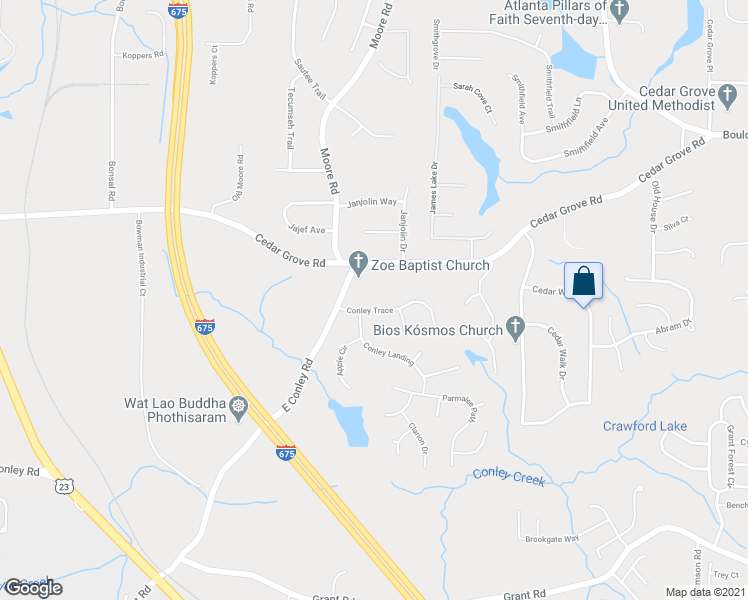 map of restaurants, bars, coffee shops, grocery stores, and more near 1750 Conley Trace in Conley