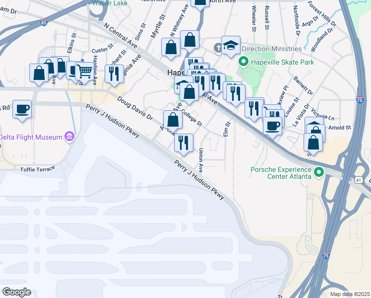 map of restaurants, bars, coffee shops, grocery stores, and more near 3649 Georgia Avenue in Hapeville