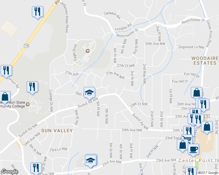map of restaurants, bars, coffee shops, grocery stores, and more near 2500 4th Way Northwest in Center Point