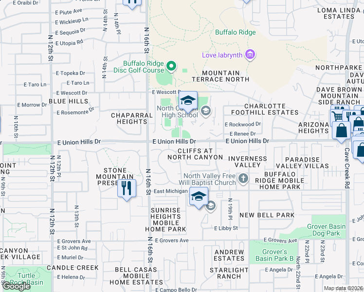 map of restaurants, bars, coffee shops, grocery stores, and more near 18425 North 16th Way in Phoenix