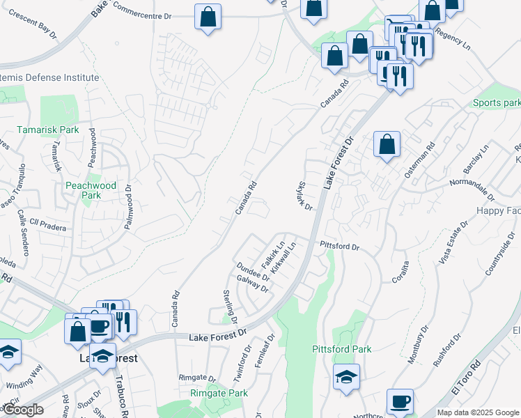 map of restaurants, bars, coffee shops, grocery stores, and more near 21142 Canada Road in Lake Forest