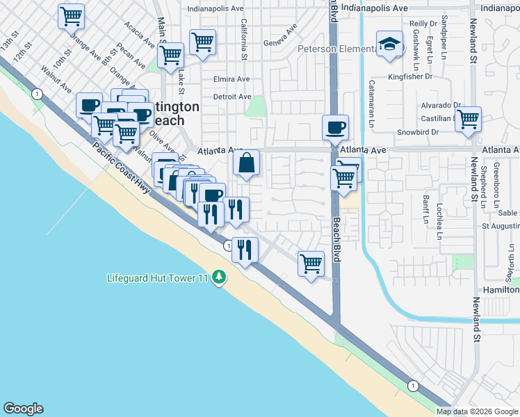 map of restaurants, bars, coffee shops, grocery stores, and more near 80 Huntington Street in Huntington Beach