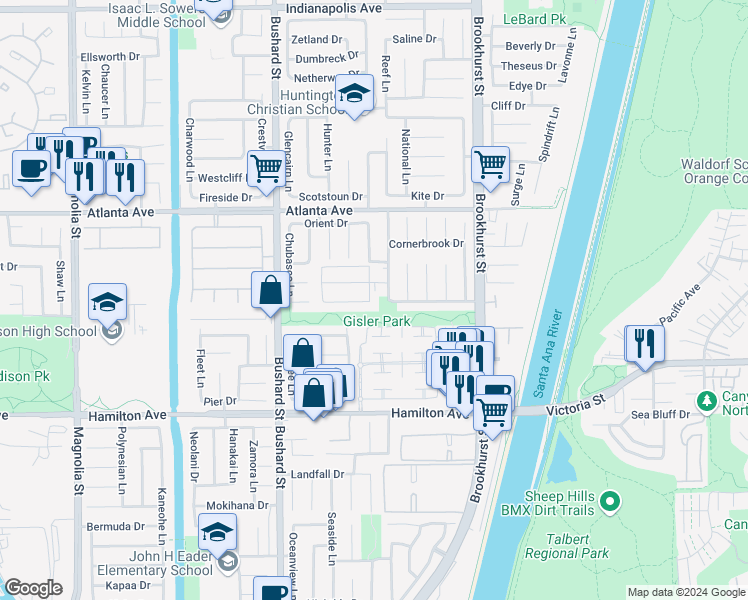 map of restaurants, bars, coffee shops, grocery stores, and more near 21212 Altair Lane in Huntington Beach