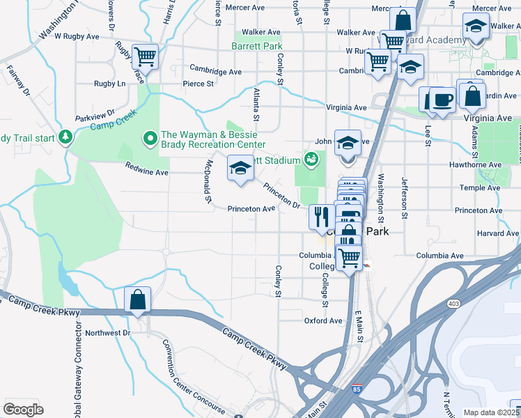 map of restaurants, bars, coffee shops, grocery stores, and more near 2075 Princeton Avenue in College Park
