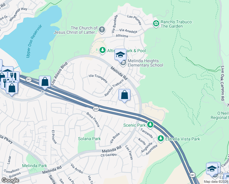 map of restaurants, bars, coffee shops, grocery stores, and more near 91 Tierra Plano in Rancho Santa Margarita