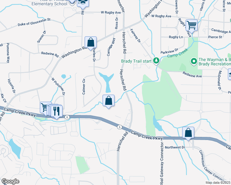 map of restaurants, bars, coffee shops, grocery stores, and more near 3679 Herschel Road in College Park
