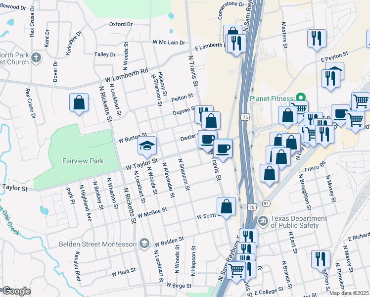 map of restaurants, bars, coffee shops, grocery stores, and more near 222 West Taylor Street in Sherman