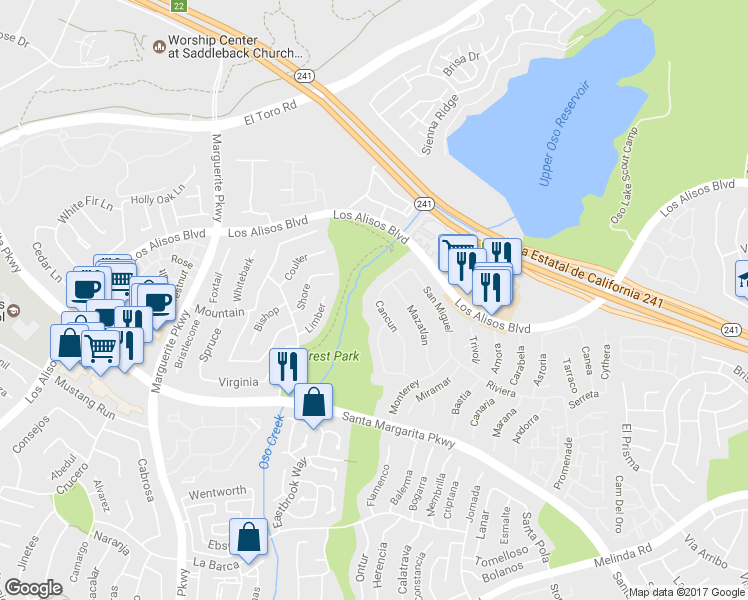 map of restaurants, bars, coffee shops, grocery stores, and more near 21242 Cancun in Mission Viejo